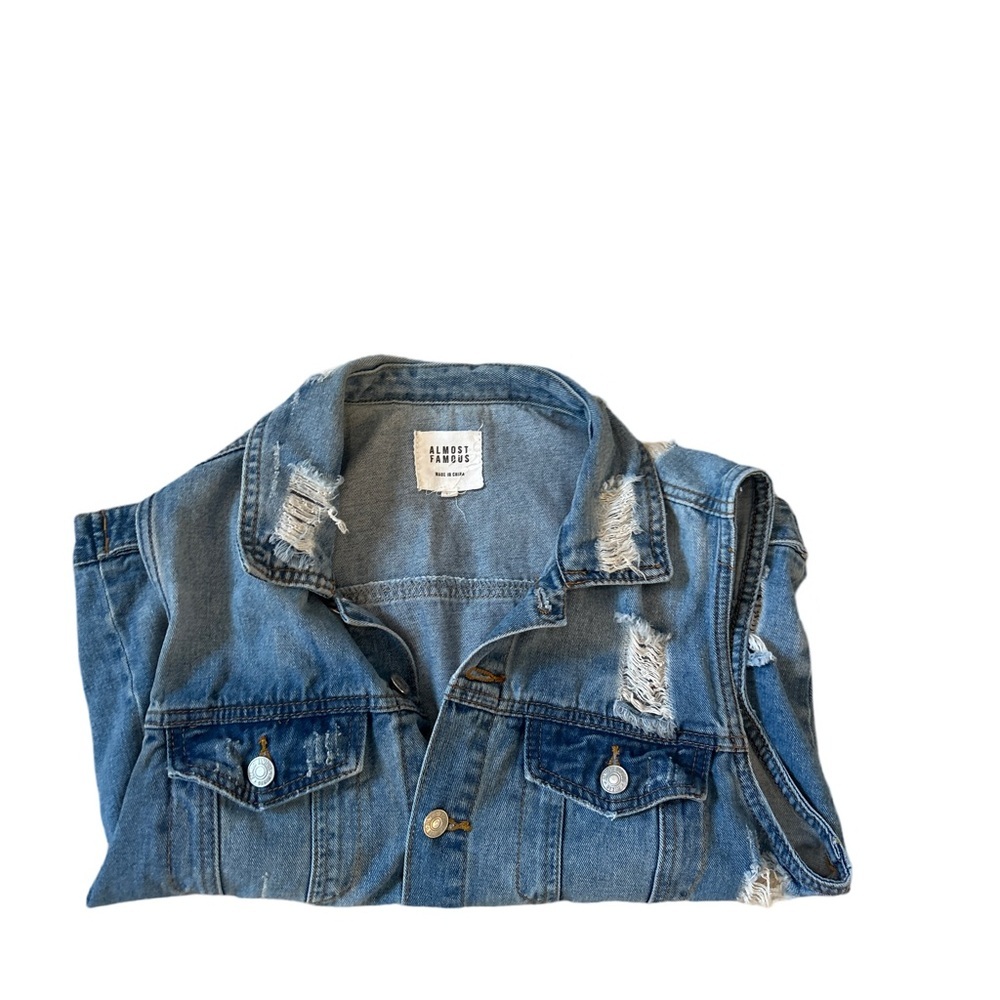 Almost Famous Distressed Jean Jacket Women’s Size X Small - Picture 5 of 11